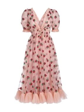 Lirika Matoshi Pink Strawberry-Embroidered Tulle Maxi Dress